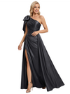 Elegant Bow One Shoulder Satin Ruched Long Prom Gown With Detachable OverSkirt