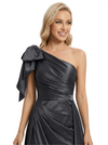 Elegant Bow One Shoulder Satin Ruched Long Prom Gown With Detachable OverSkirt