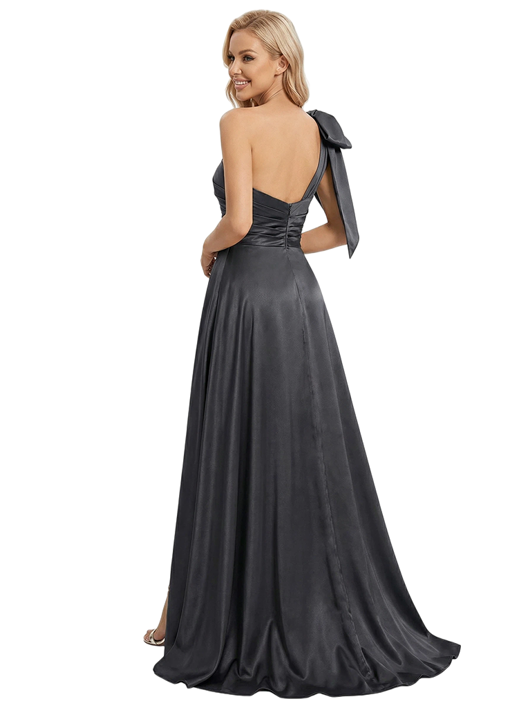 Elegant Bow One Shoulder Satin Ruched Long Prom Gown With Detachable OverSkirt