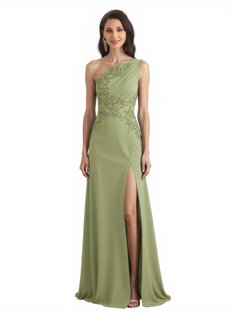 Elegant One Shoulder Lace Applique A-Line Chiffon Mother Of The Bride Dresses Side Slit
