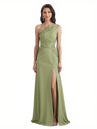 Elegant One Shoulder Lace Applique A-Line Chiffon Mother Of The Bride Dresses Side Slit