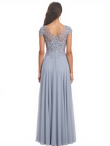 Elegant A-Line Jewel Short Sleeves Side Slit Lace Chiffon Mother of The Bride Dresses