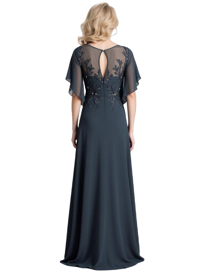 Elegant A-Line Bateau Flutter Sleeves Side Slit Chiffon Mother of The Bride Dresses
