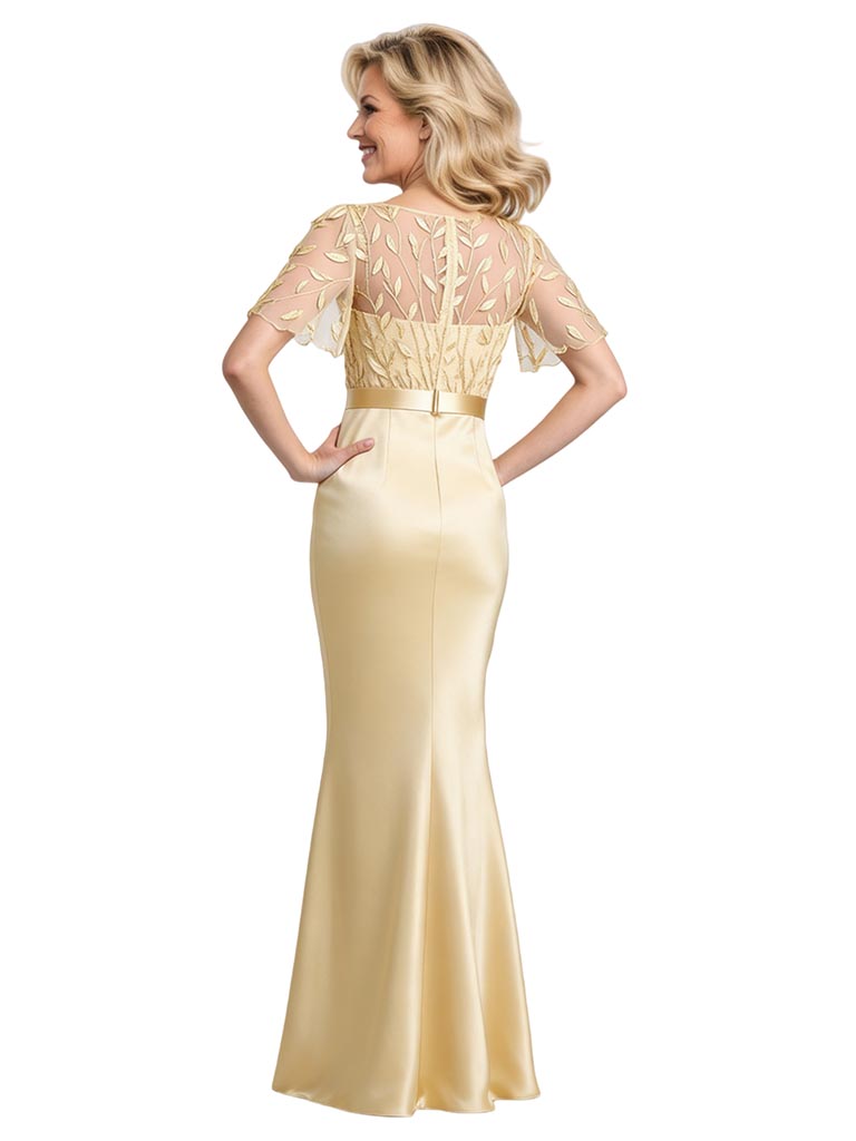 Elegant Flutter Sleeves Scoop Lace Satin Mermaid Floor-Length Mother Of The Bride Dresses