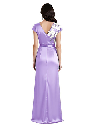 Elegant V-Neck Cap Sleeves Side Slit Satin Mermaid Floor-Length Mother Of The Bride Dresses