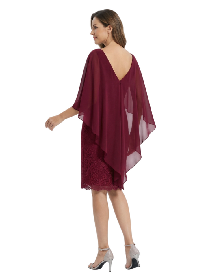 Elegant Cape Neck Scoop Lace Chiffon Cocktail Mother of The Bride Dresses
