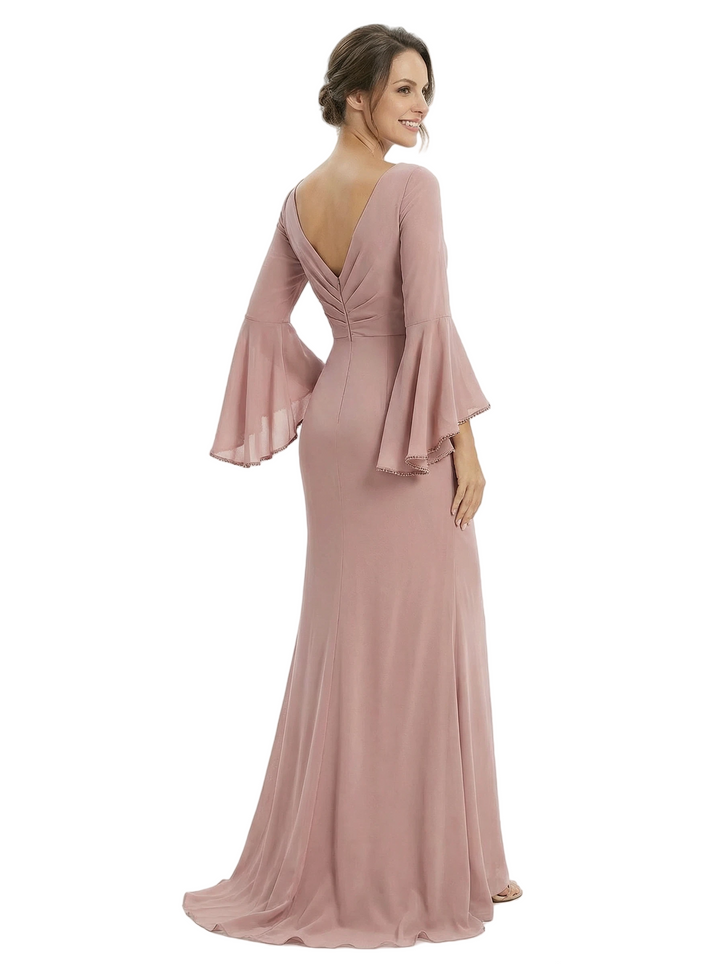 Chic V-Neck Bell Sleeve Mother Of The Bride Dress Ruched Floor Length Chiffon Formal Gown