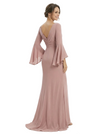 Chic V-Neck Bell Sleeve Mother Of The Bride Dress Ruched Floor Length Chiffon Formal Gown