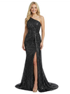 Fancy One Shoulder Ruched Sequin Side Slit Mermaid Prom Gown