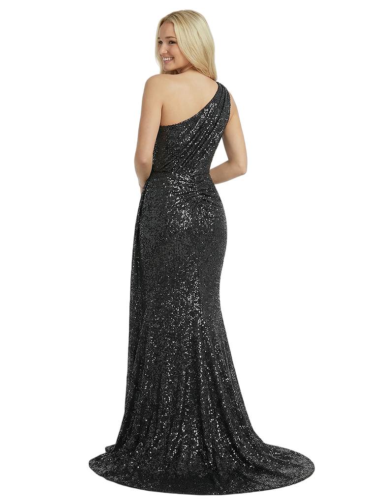 Fancy One Shoulder Ruched Sequin Side Slit Mermaid Prom Gown