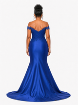 ChicSew Soft Satin Off Shoulder Mermaid Maxi Bridesmaid Dresses With Lace Applique