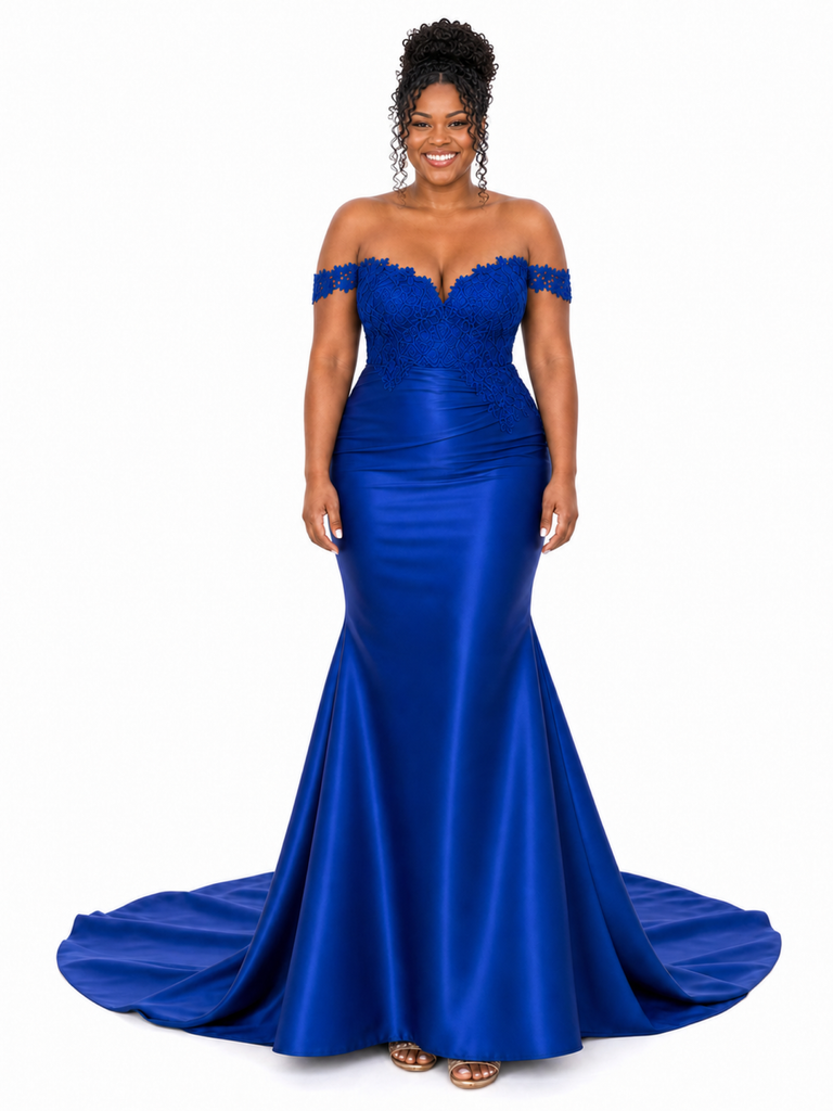 ChicSew Soft Satin Off Shoulder Mermaid Maxi Bridesmaid Dresses With Lace Applique