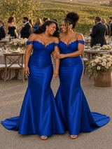 ChicSew Soft Satin Off Shoulder Mermaid Maxi Bridesmaid Dresses With Lace Applique