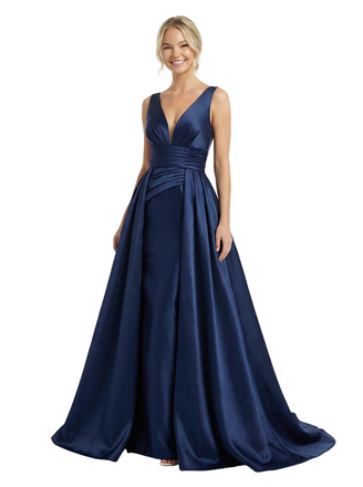 Timeless V-Neck Satin Ruched A-Line Prom Dress With Detachable Overskirt