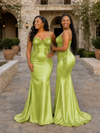 ChicSew Spaghetti Straps Lace Appliques Soft Satin Long Mermaid Bridesmaid Dresses