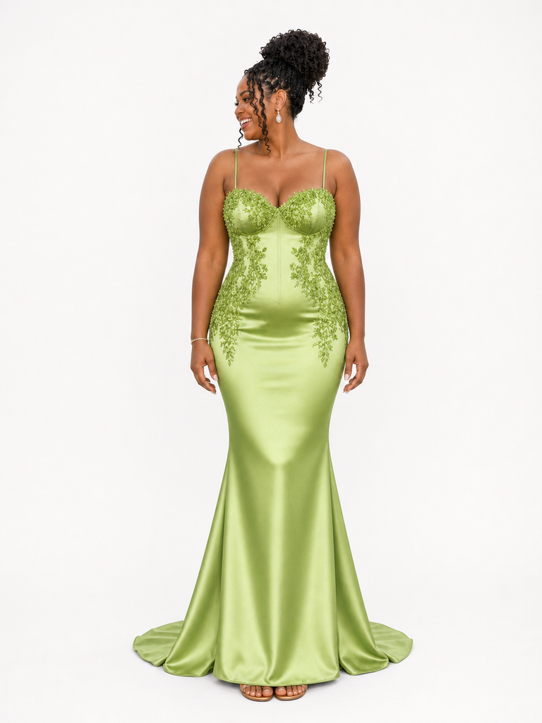 ChicSew Spaghetti Straps Lace Appliques Soft Satin Long Mermaid Bridesmaid Dresses