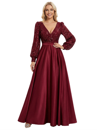 Chic V-Neck Long Sleeves Sequin Top Prom Gown Satin A-Line Maxi Dresses