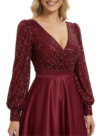 Chic V-Neck Long Sleeves Sequin Top Prom Gown Satin A-Line Maxi Dresses