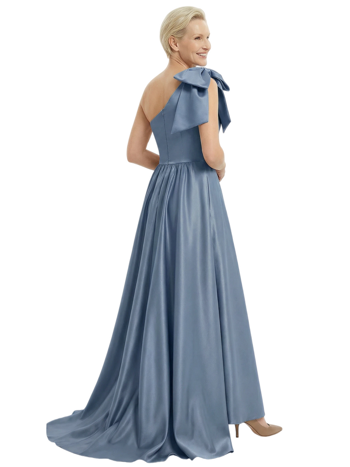 Modern One Shoulder Satin A-Line Mother of the Groom Dress with Bow Detail