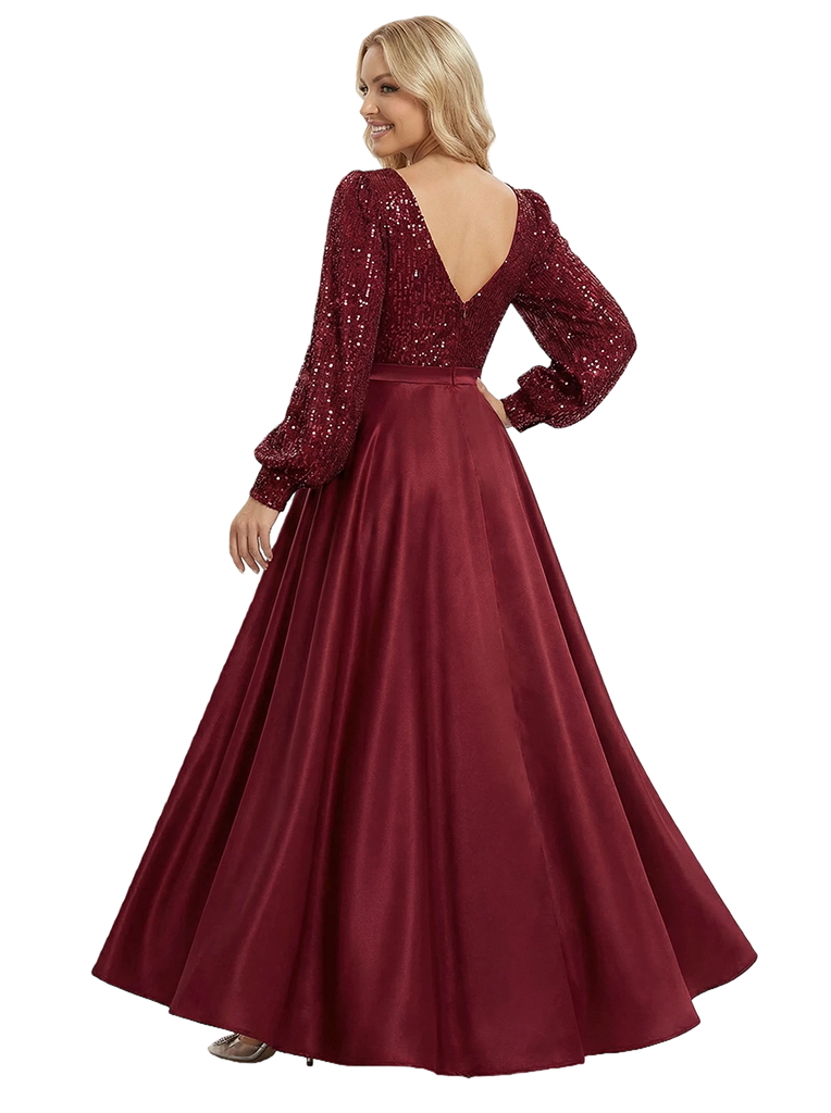 Chic V-Neck Long Sleeves Sequin Top Prom Gown Satin A-Line Maxi Dresses