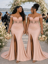 ChicSew Off Shoulder V-Neck Lace Appliques Soft Satin Long Mermaid Bridesmaid Dresses