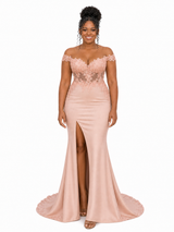 ChicSew Off Shoulder V-Neck Lace Appliques Soft Satin Long Mermaid Bridesmaid Dresses