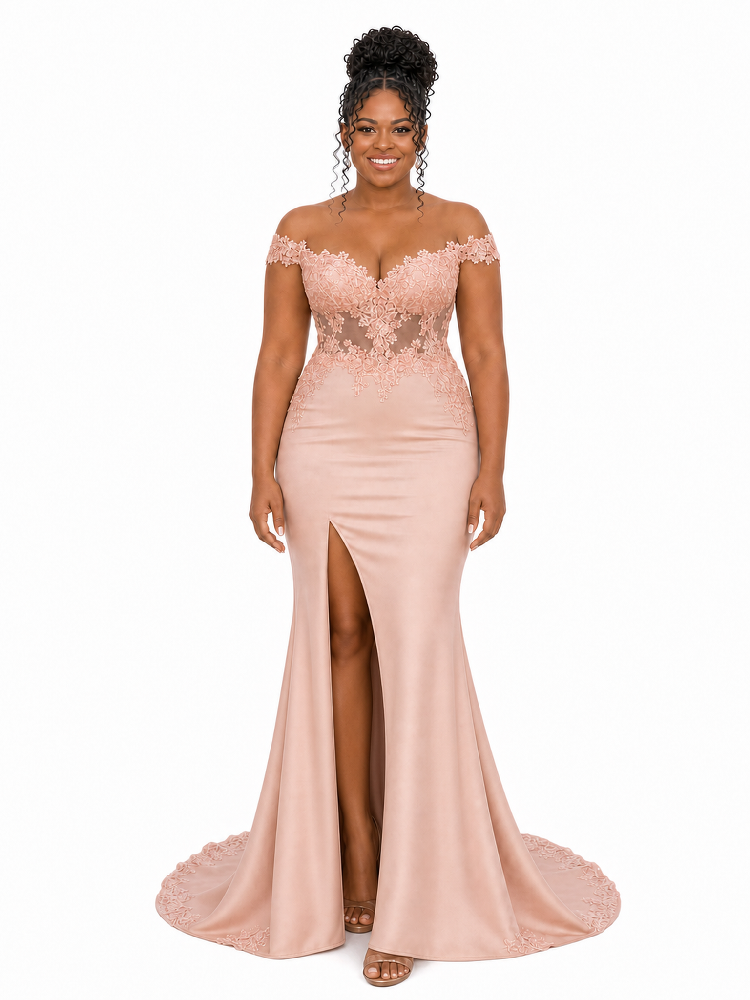 ChicSew Off Shoulder V-Neck Lace Appliques Soft Satin Long Mermaid Bridesmaid Dresses