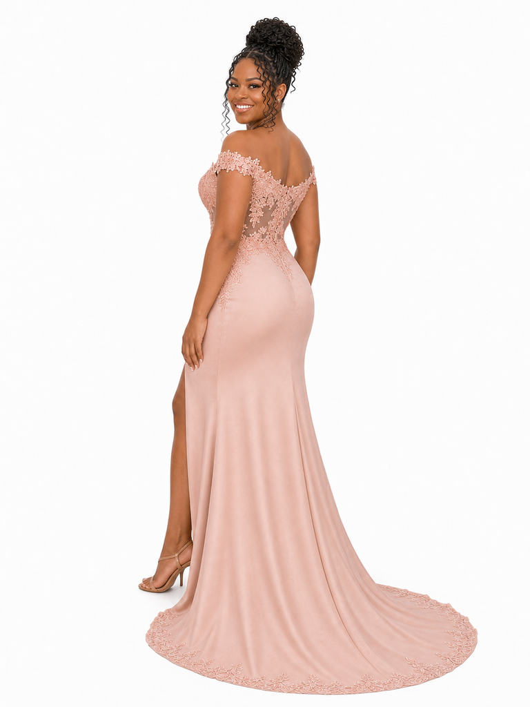 ChicSew Off Shoulder V-Neck Lace Appliques Soft Satin Long Mermaid Bridesmaid Dresses