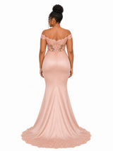ChicSew Off Shoulder V-Neck Lace Appliques Soft Satin Long Mermaid Bridesmaid Dresses