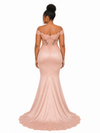ChicSew Off Shoulder V-Neck Lace Appliques Soft Satin Long Mermaid Bridesmaid Dresses