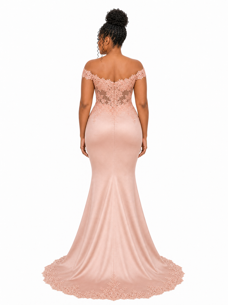 ChicSew Off Shoulder V-Neck Lace Appliques Soft Satin Long Mermaid Bridesmaid Dresses