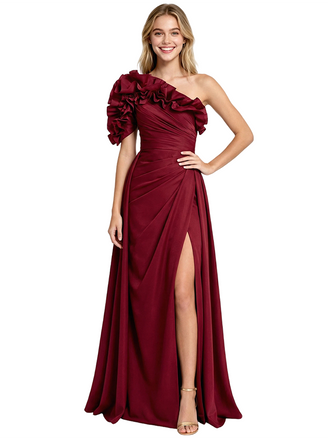 Unique Ruffled One Shoulder Ruched Satin Side Slit Floor-Length Prom Dress Overlay