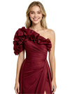 Unique Ruffled One Shoulder Ruched Satin Side Slit Floor-Length Prom Dress Overlay