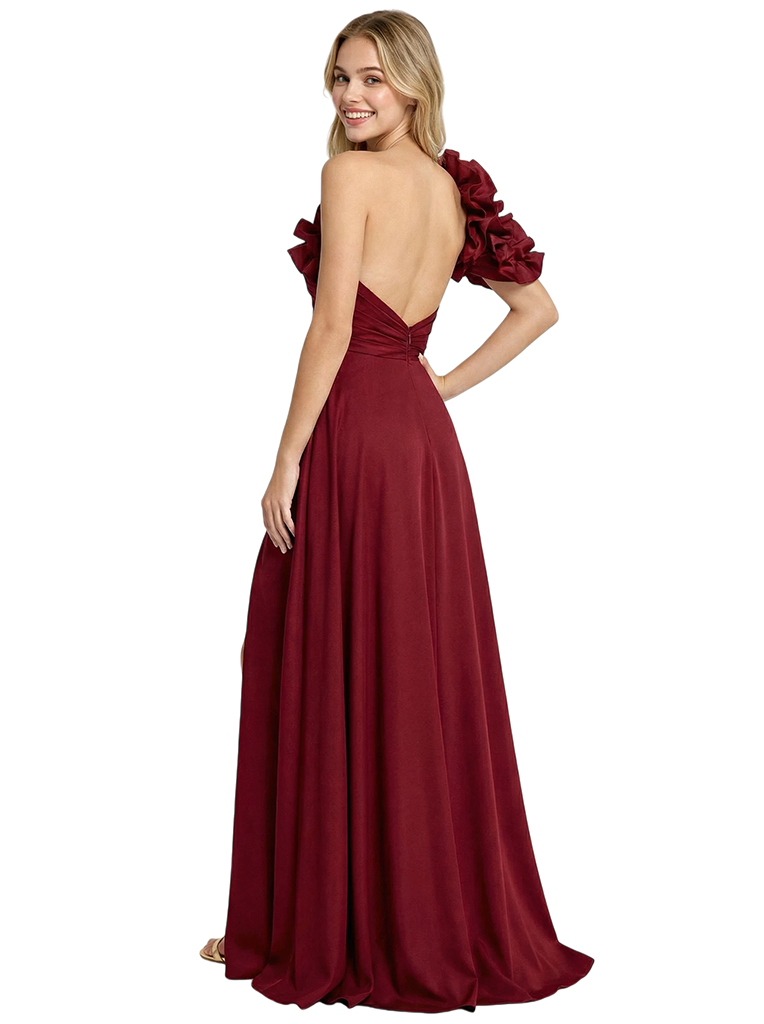 Unique Ruffled One Shoulder Ruched Satin Side Slit Floor-Length Prom Dress Overlay