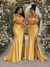 ChicSew Off Shoulder Side Slit Soft Satin Long Mermaid Bridesmaid Dresses With Lace Appliques