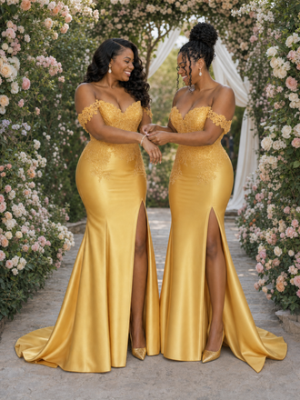 ChicSew Off Shoulder Side Slit Soft Satin Long Mermaid Bridesmaid Dresses With Lace Appliques