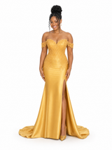ChicSew Off Shoulder Side Slit Soft Satin Long Mermaid Bridesmaid Dresses With Lace Appliques