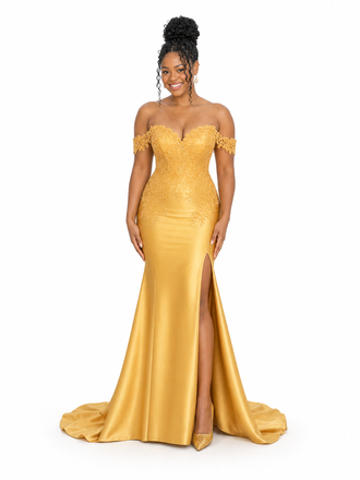 ChicSew Off Shoulder Side Slit Soft Satin Long Mermaid Bridesmaid Dresses With Lace Appliques