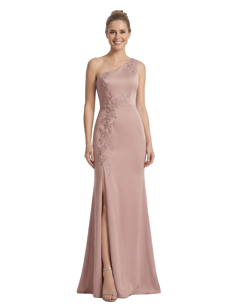Sexy One Shoulder Satin Mother Of The Groom Dress Side Slit Floral Applique Mermaid Gown