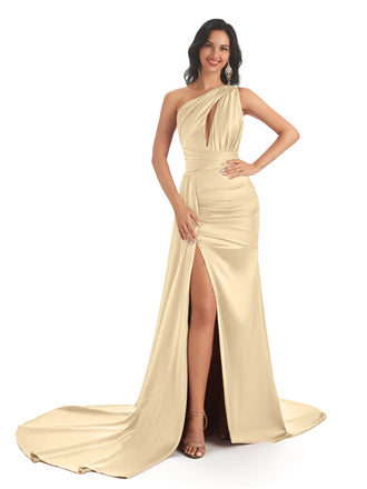 Sexy Soft Satin Side Slit One Shoulder Mermaid Floor Length Wedding Bridesmaid Dresses In Stock