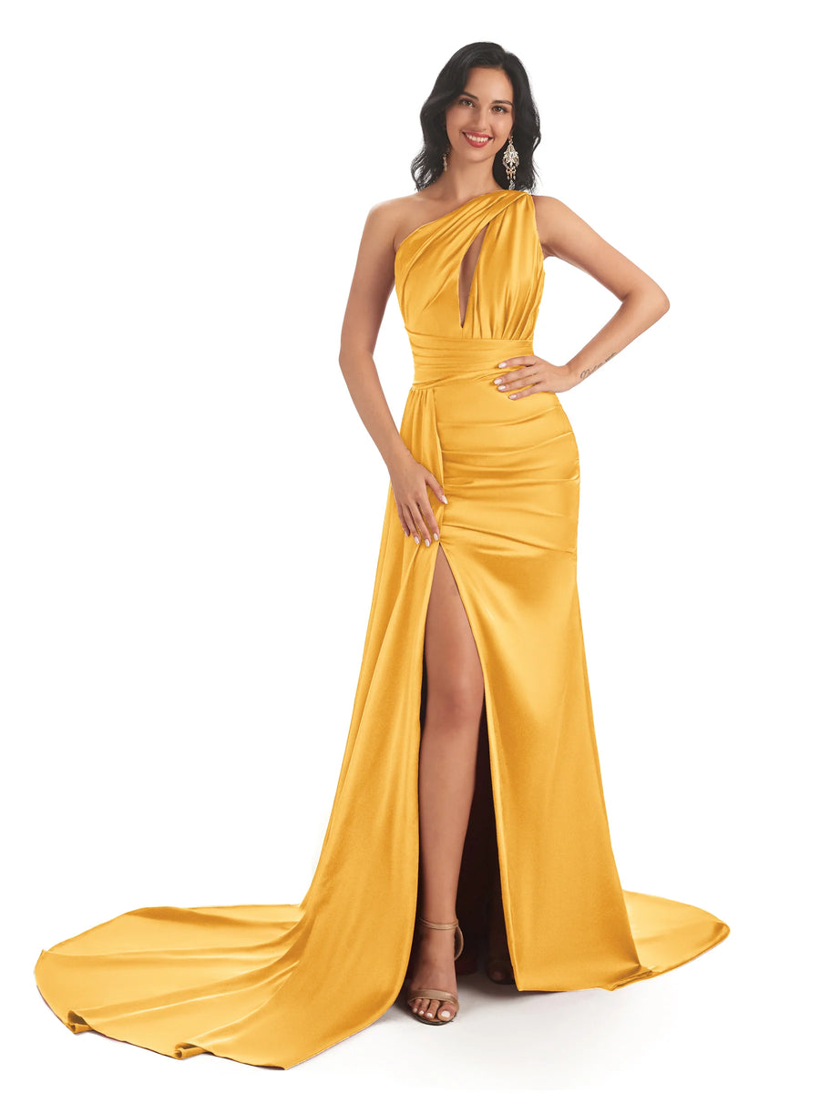 Sexy Soft Satin Side Slit One Shoulder Mermaid Floor Length Wedding Bridesmaid Dresses In Stock