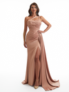 Sexy One Shoulder Side Slit Mermaid Soft Satin Long Bridesmaid Dresses Online
