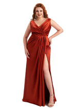 Plus Size Sexy Side Slit V-Neck A-line Soft Satin Long Wedding Party Dresses