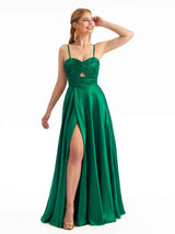 Chic A-line Stretchy Slit Unique Chic Satin Wedding Guest Dresses Satin Side