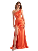 Sexy Side Slit Mermaid Silky Satin One Shoulder Maxi Unique Formal Dresses For Women
