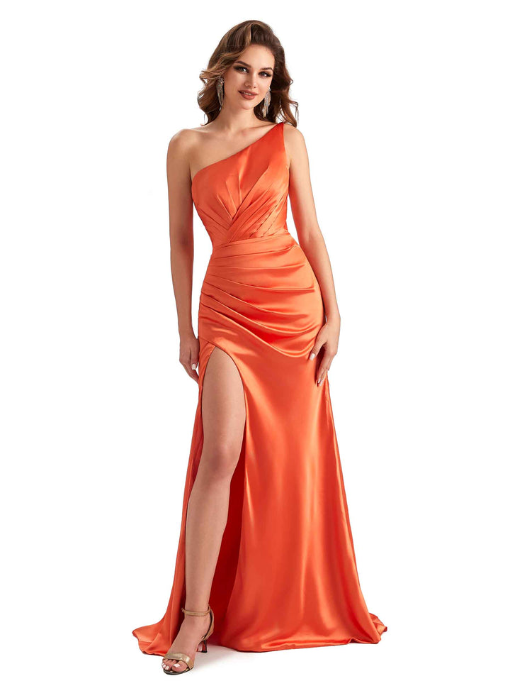 Sexy Side Slit Mermaid Silky Satin One Shoulder Maxi Unique Formal Dresses For Women