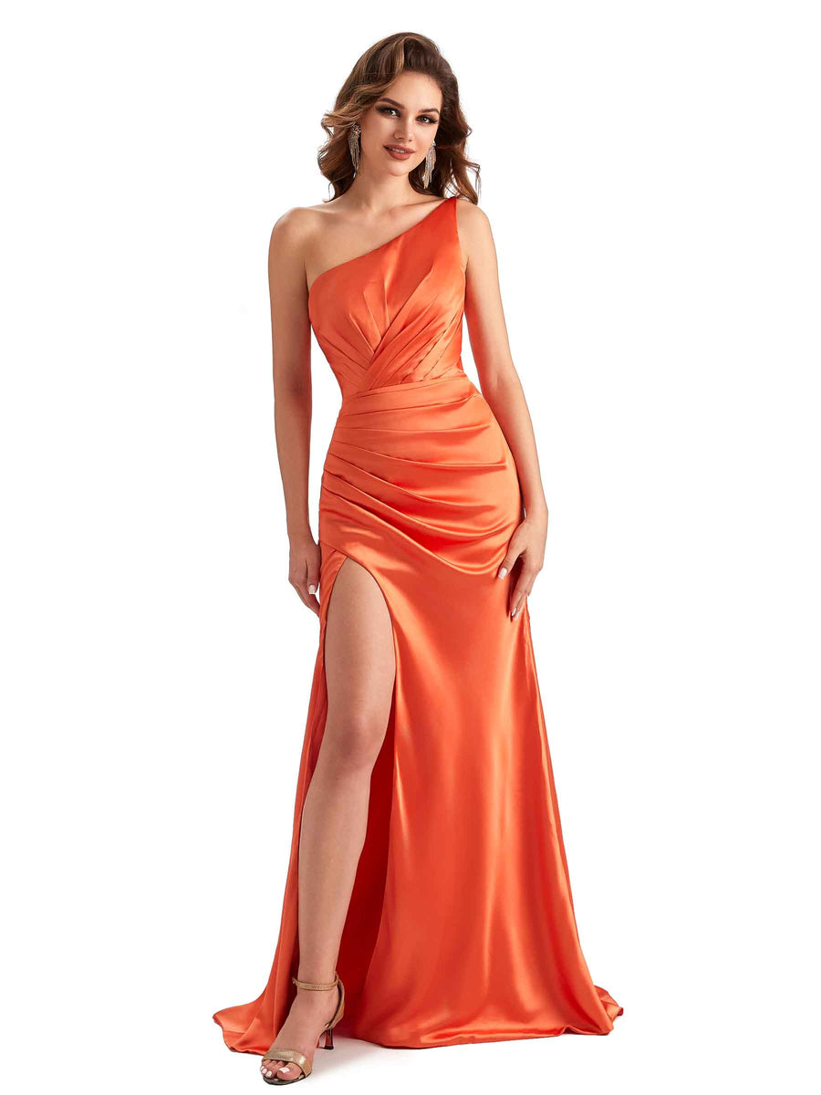 Sexy Side Slit Mermaid Silky Satin One Shoulder Maxi Unique Bridesmaid Dresses Online