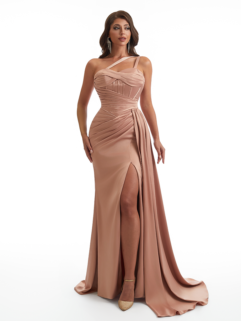 Sexy One Shoulder Side Slit Mermaid Soft Satin Long Bridesmaid Dresses Online