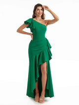 Sexy Side Split Ruffles Mermaid One Shoulder Stretch Crepe Long Wedding Guest Dresses