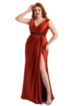 Plus Size Sexy Side Slit V-Neck A-line Soft Satin Long Wedding Party Dresses